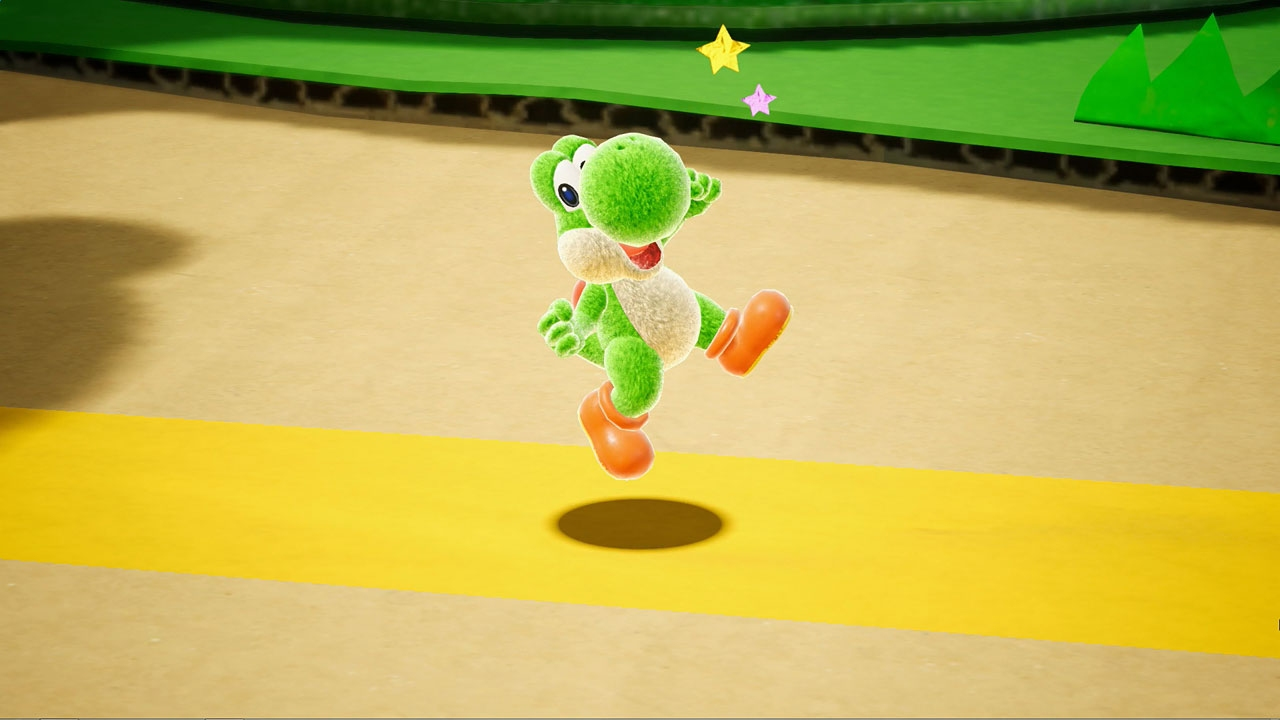 Personaggio di Yoshi in una scena di gioco vibrante, a metà salto, su un percorso giallo.