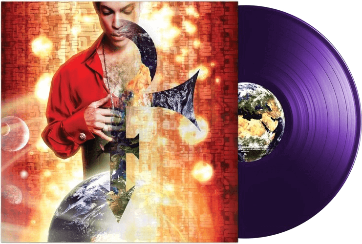 Pochette d'album avec Prince, disque vinyle violet. Image de la terre et logo.