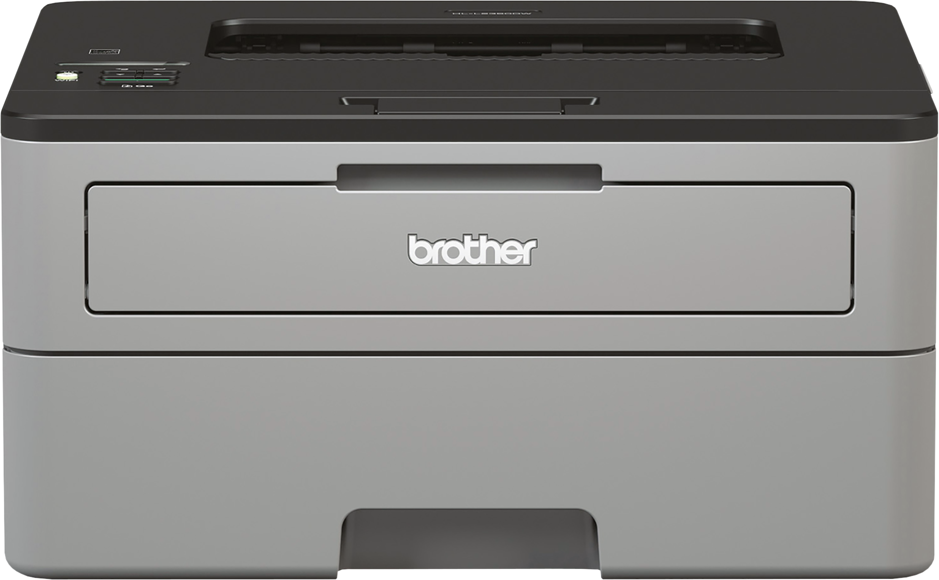 Brother-Laserdrucker, grau und schwarz, mit Papierfach und Bedienfeld.