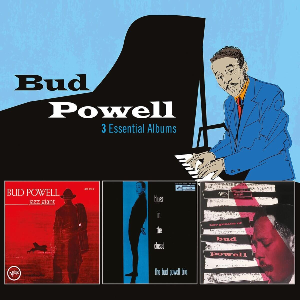 Pochette d'album avec Bud Powell et trois pochettes d'albums en dessous. Un piano en arrière-plan.