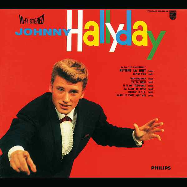 Record cover of Johnny Hallyday. Red background, a man in a suit, and text. Retro design.