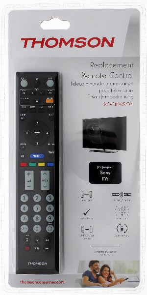 Mando a distancia de repuesto Thomson en un paquete de plástico, con instrucciones e imagen de TV.