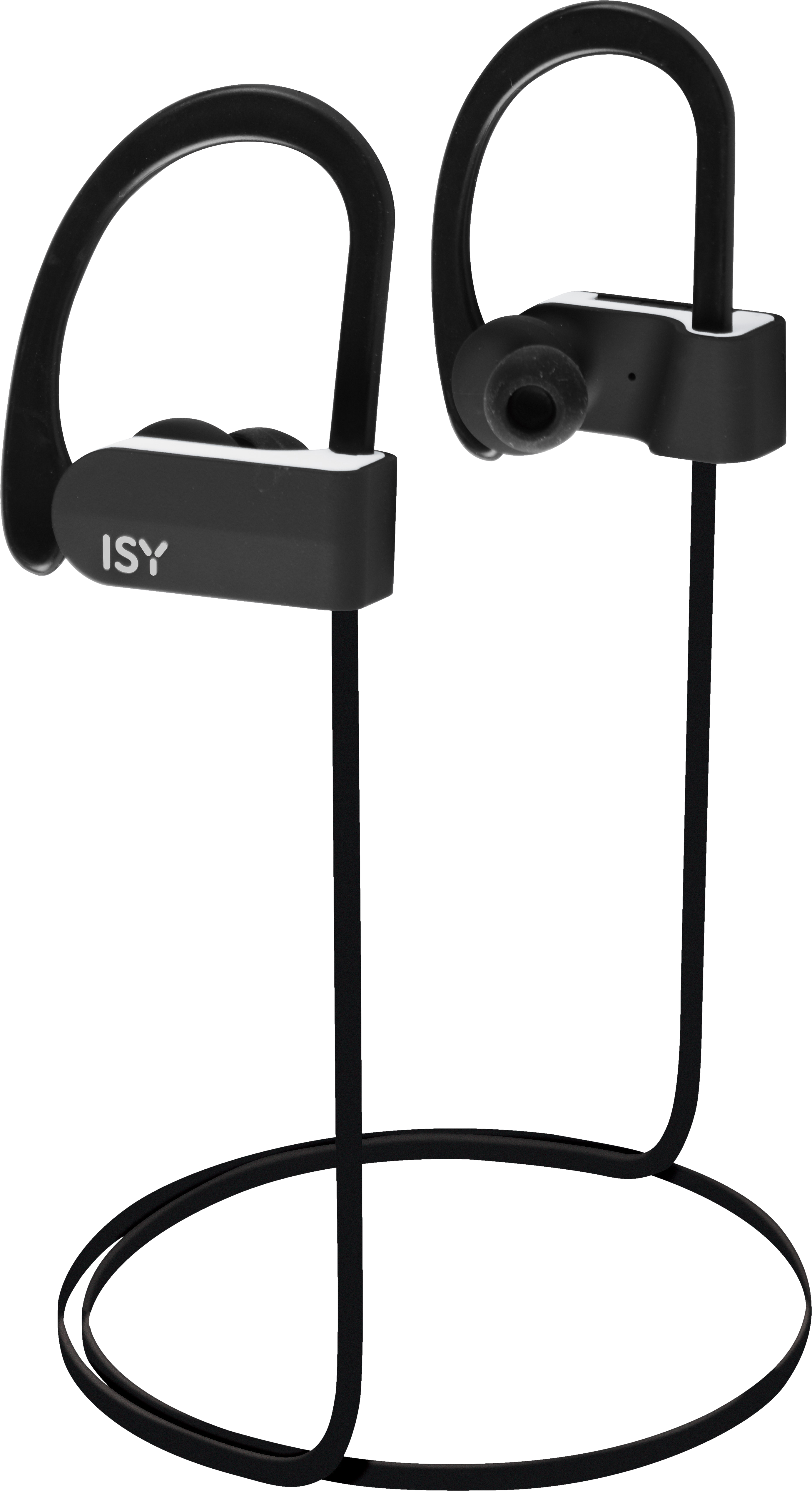 Schwarze kabellose Ohrhörer mit Verbindungskabel.