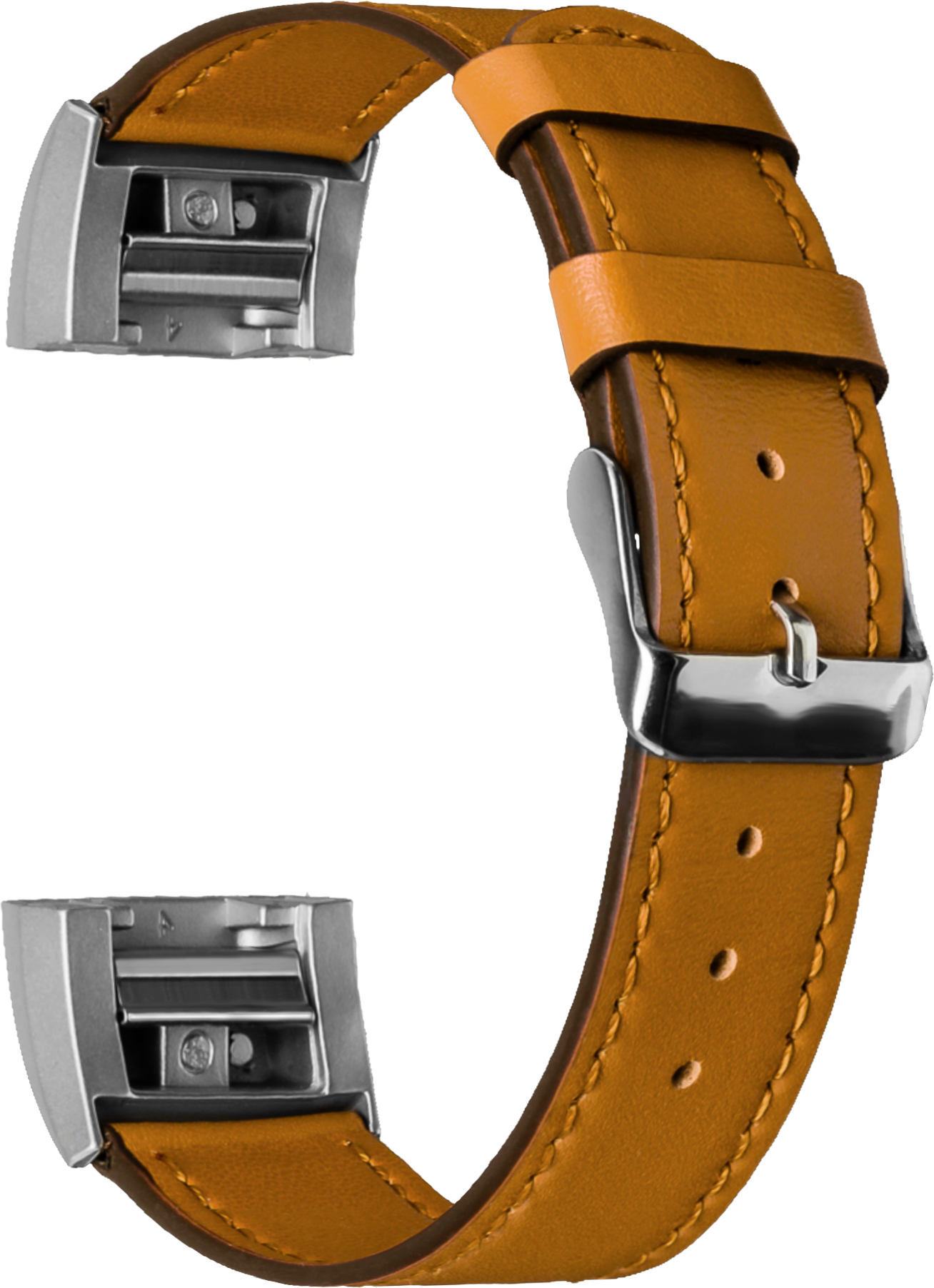 Ein braunes Lederuhrenarmband mit silbernen Schnallen, Detailaufnahme.