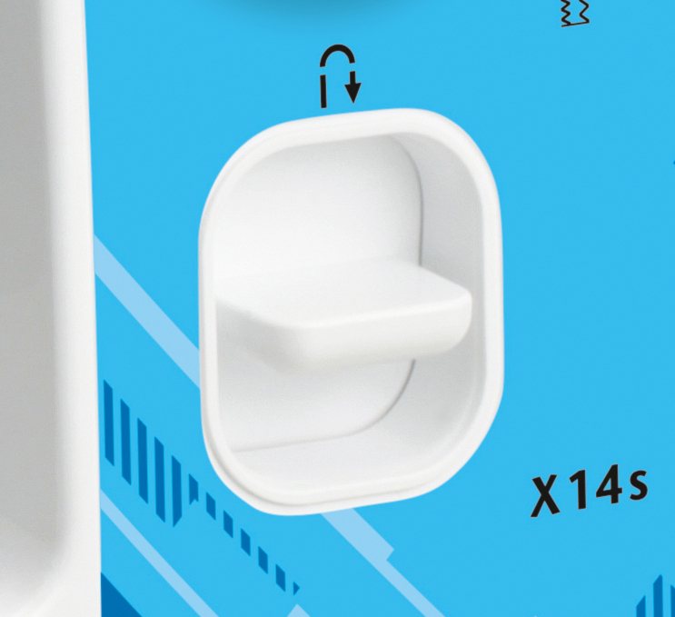 Weißes Tablettdesign auf blauem Hintergrund, mit schwarzem Pfeil nach unten. Der Text 'X14s' steht unten.