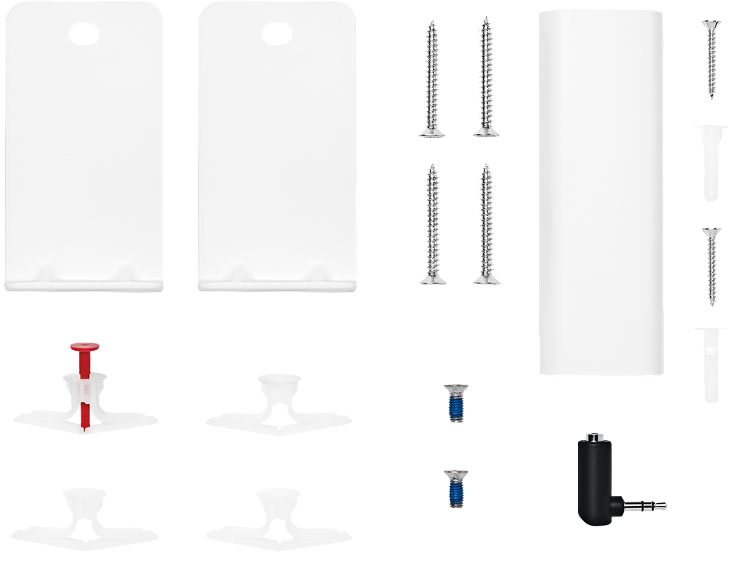 Divers supports muraux blancs, vis et un connecteur, le tout sur fond blanc.