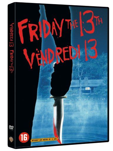 Boîtier DVD de 'Vendredi 13'. Couteau avec du sang, fond bleu foncé. Interdit aux moins de 16 ans.