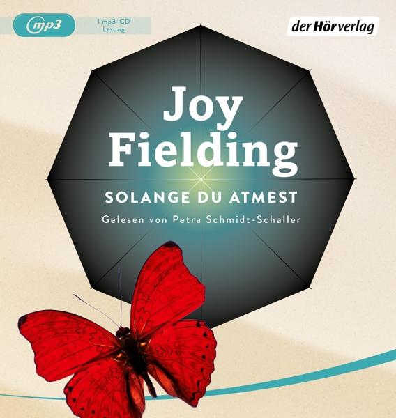 Hörbuchcover mit Text 'Joy Fielding' und einem roten Schmetterling. Dunkler Schirmhintergrund.