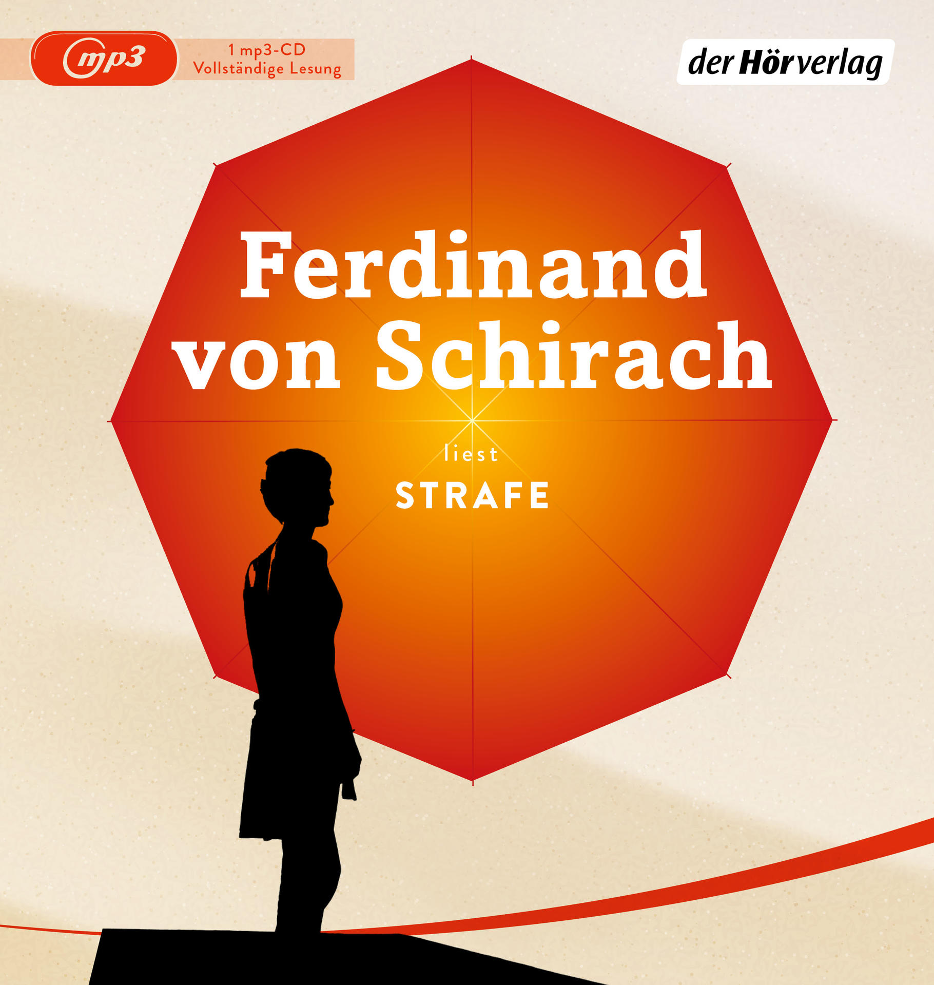 Buchcover mit Silhouette unter rotem Schirm, Titel lautet 'STRAFE'.