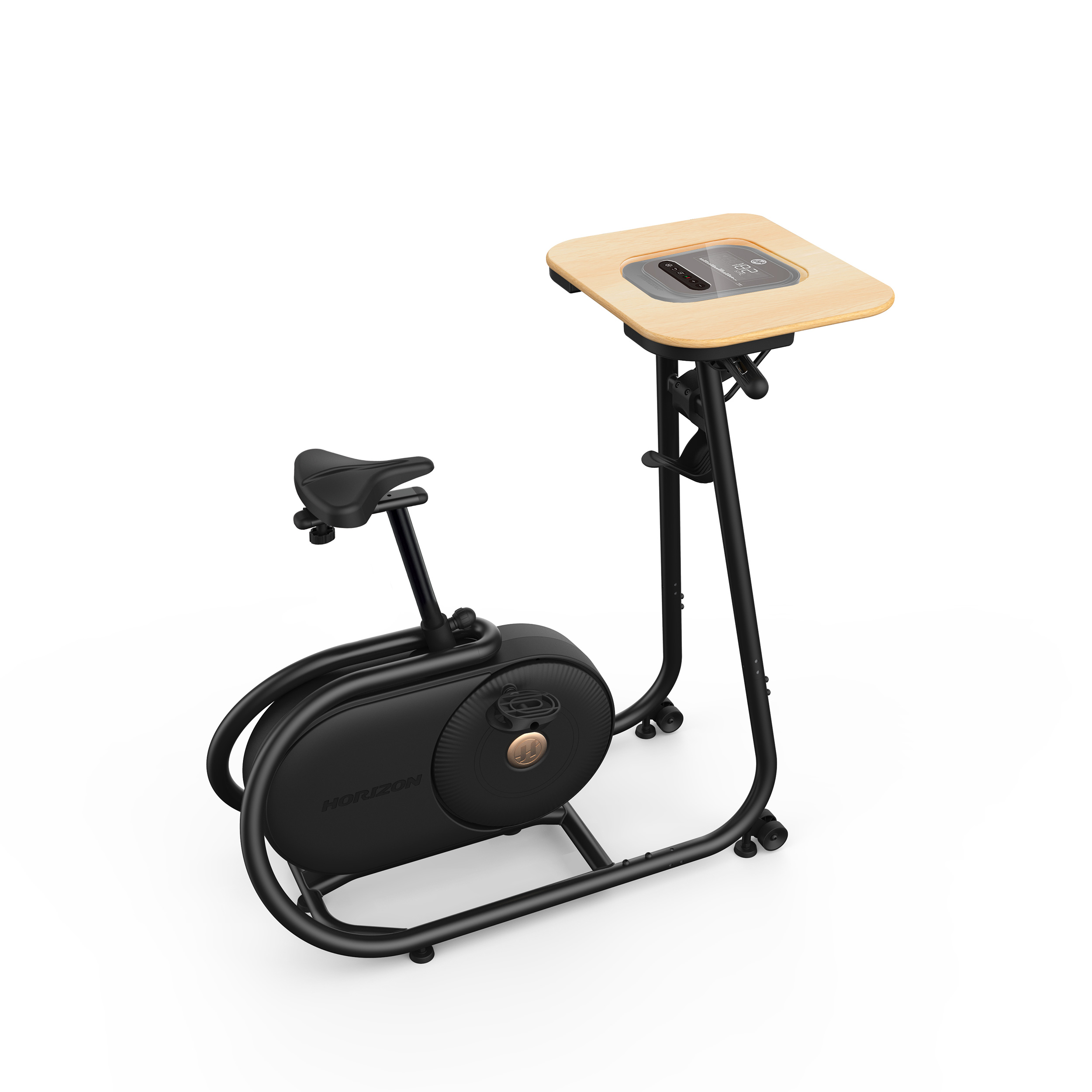 Schwarzes Heimtrainer mit Holzschreibtisch auf weißem Hintergrund.