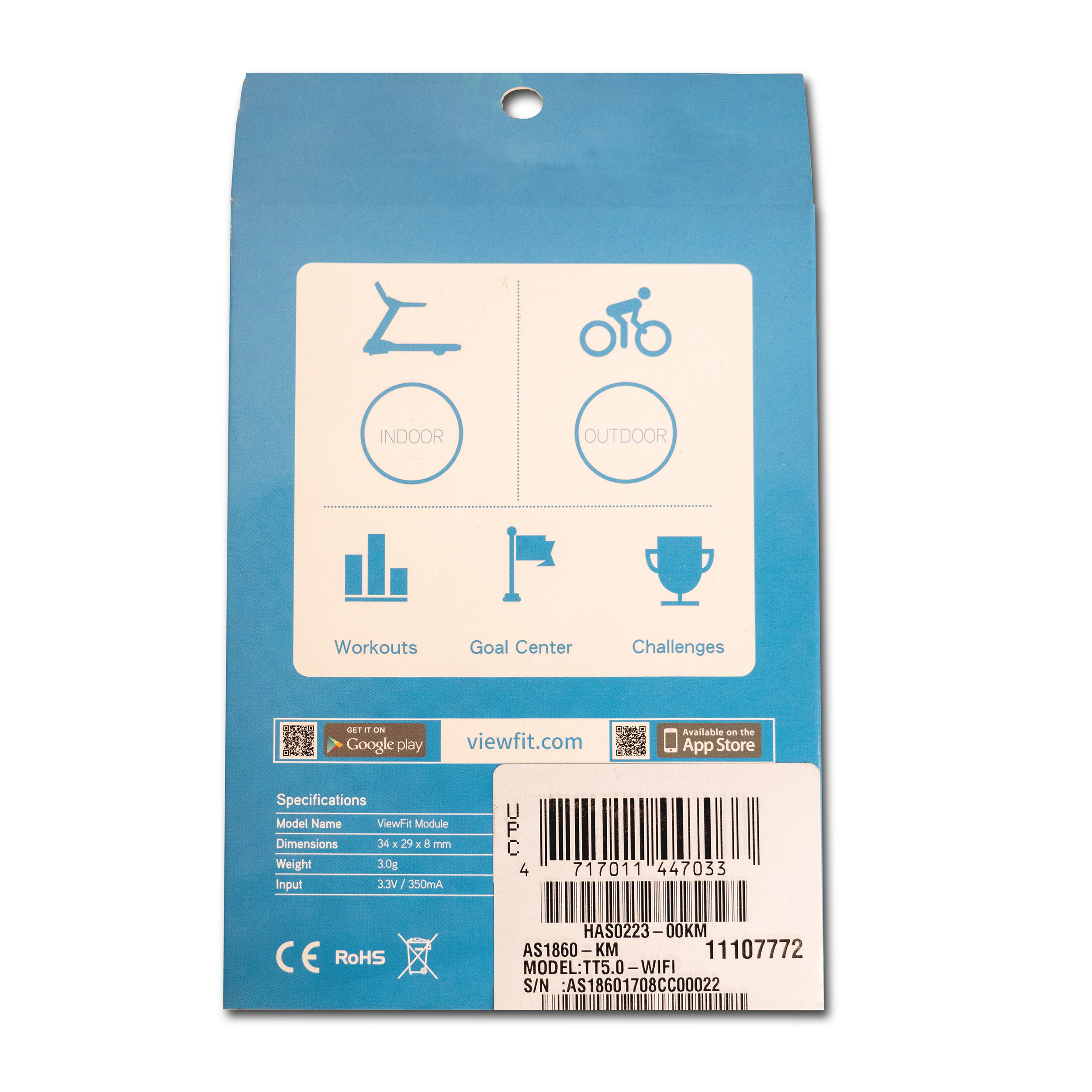 Weiße und blaue Produktverpackung mit Symbolen und Spezifikationen. Die Marke ist sichtbar.
