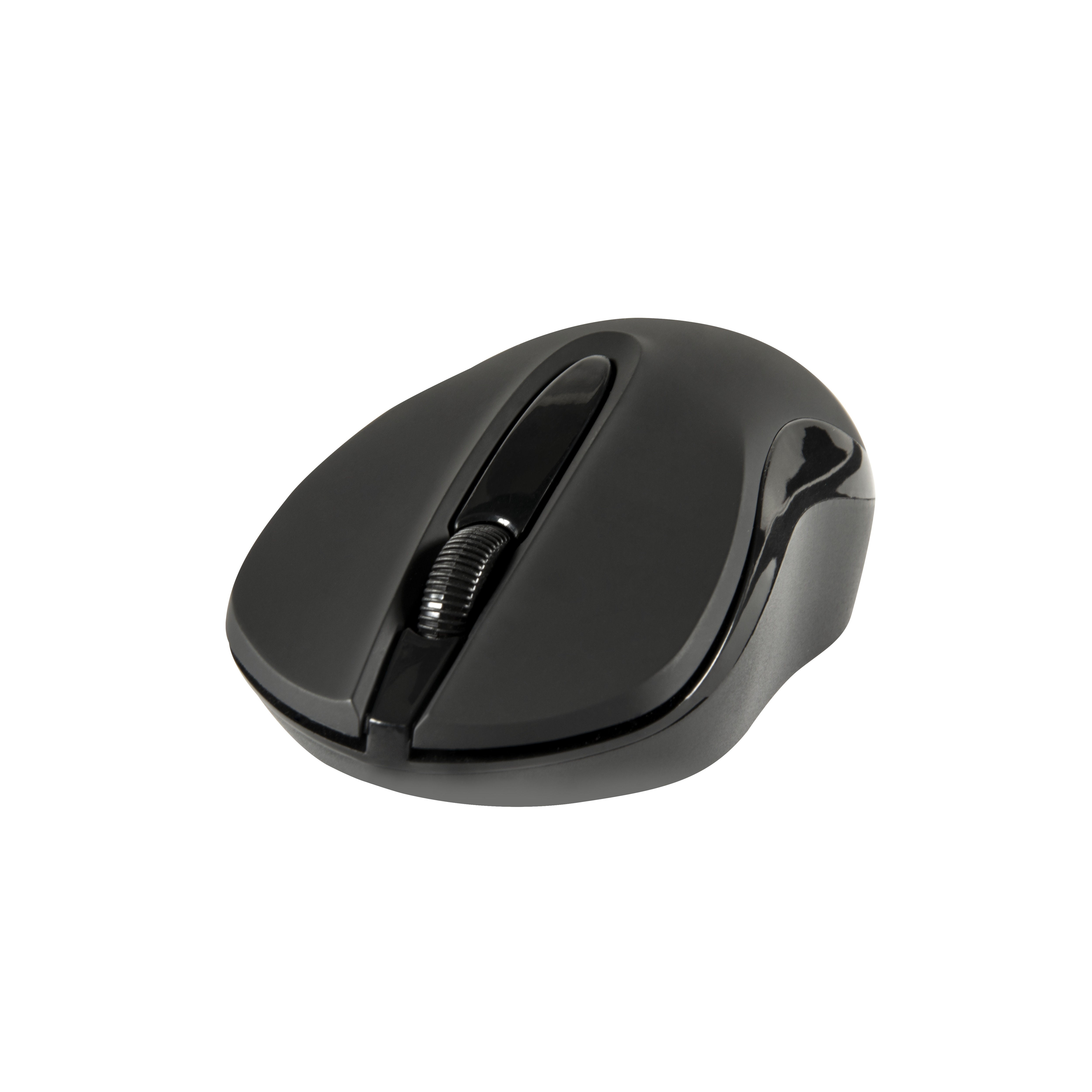 Schwarze kabellose Maus mit einem Scrollrad. Die Maus ist auf weißem Hintergrund.