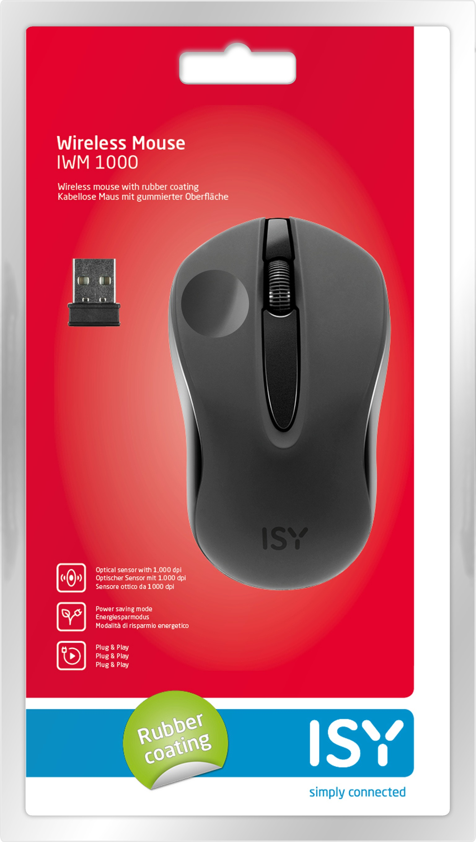 Eine kabellose Maus in einer rot-weißen Verpackung. Die Maus ist schwarz, mit einem USB-Empfänger.