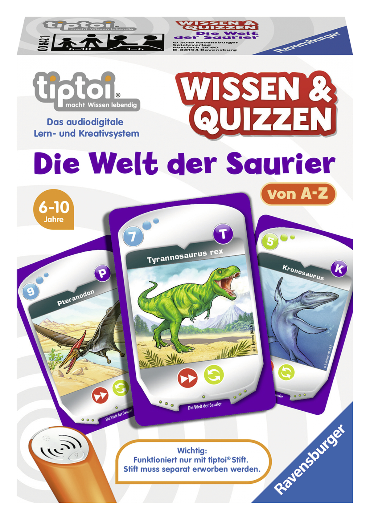 Eine Kinderspielbox mit Karten zum Thema Dinosaurier und einem stiftähnlichen Gerät für interaktives Spielen.