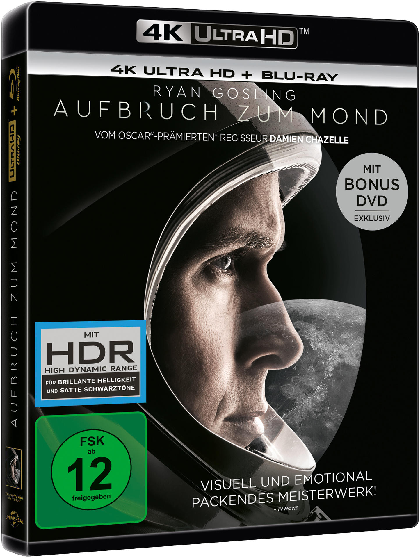 Ein Filmcover für 'Aufbruch zum Mond' mit Ryan Gosling im Raumanzug. Der Hintergrund ist dunkler Weltraum.