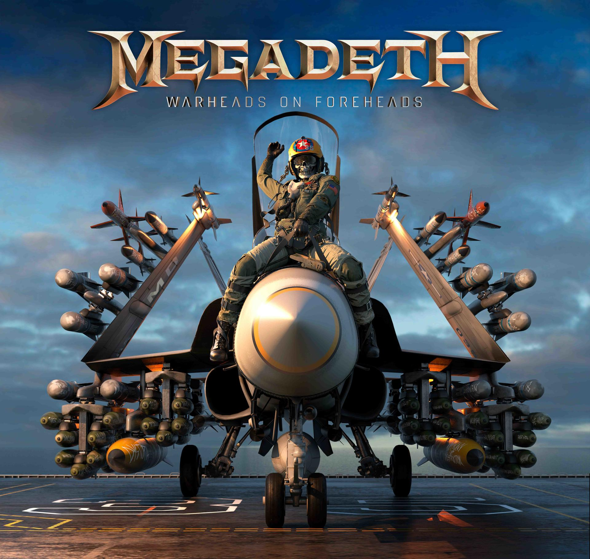 Albumhoes, gevechtspiloot in een straaljager, met raketten. Titel: Megadeth Warheads On Foreheads.