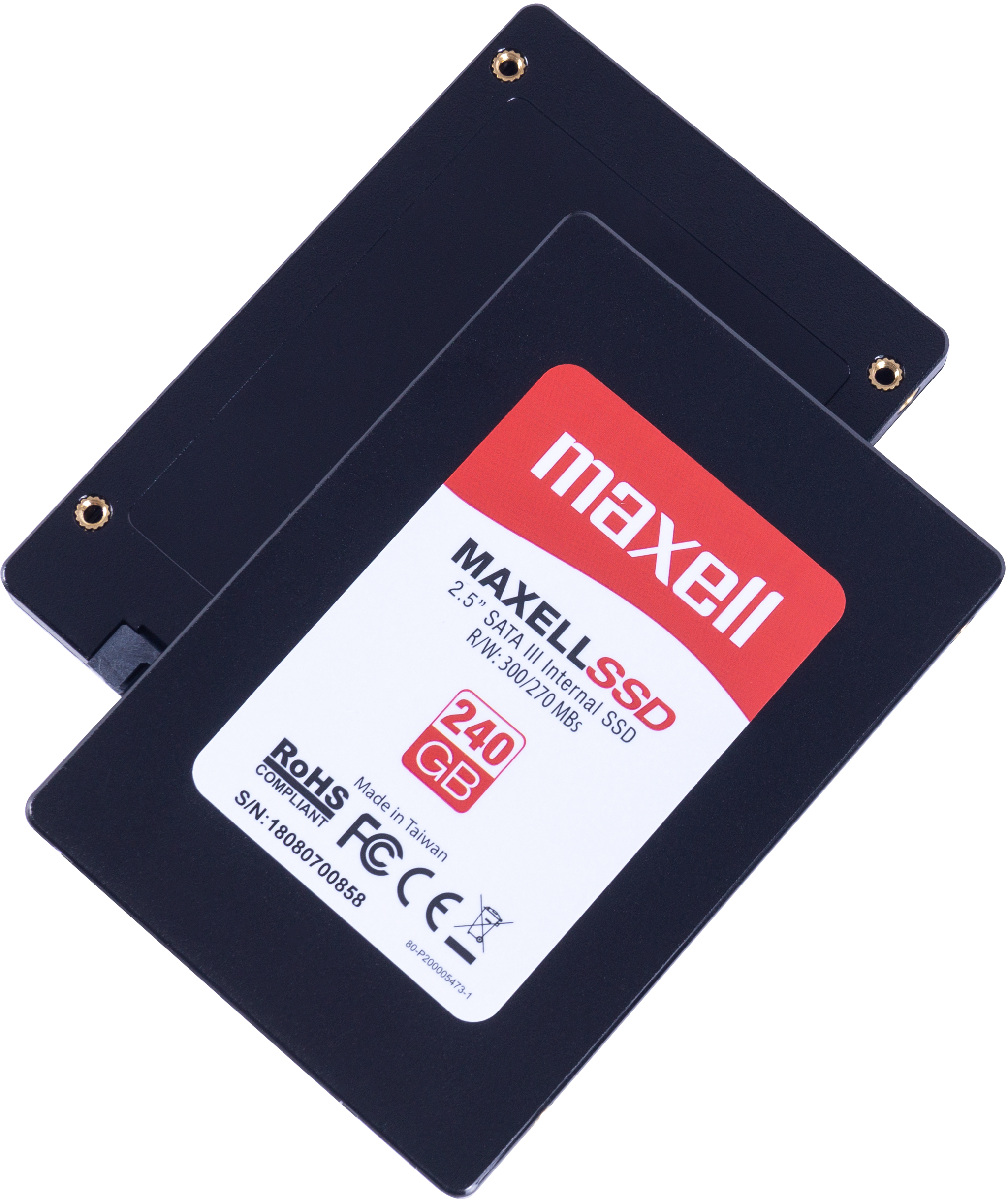 Két fekete Maxell SSD. Egy a másik tetején, piros-fehér címkével. Műszaki információk láthatók.