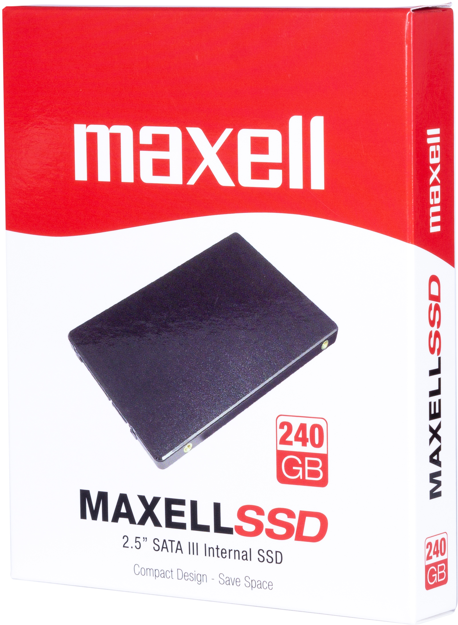 Maxell SSD doboz. Piros-fehér doboz fekete SSD-vel. A doboz fehér háttéren.