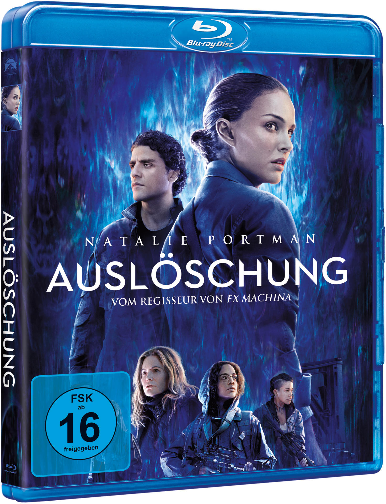 Blu-ray-Disc-Cover. Natalie Portman und ein Mann sind auf dem Cover des Films Auslöschung.