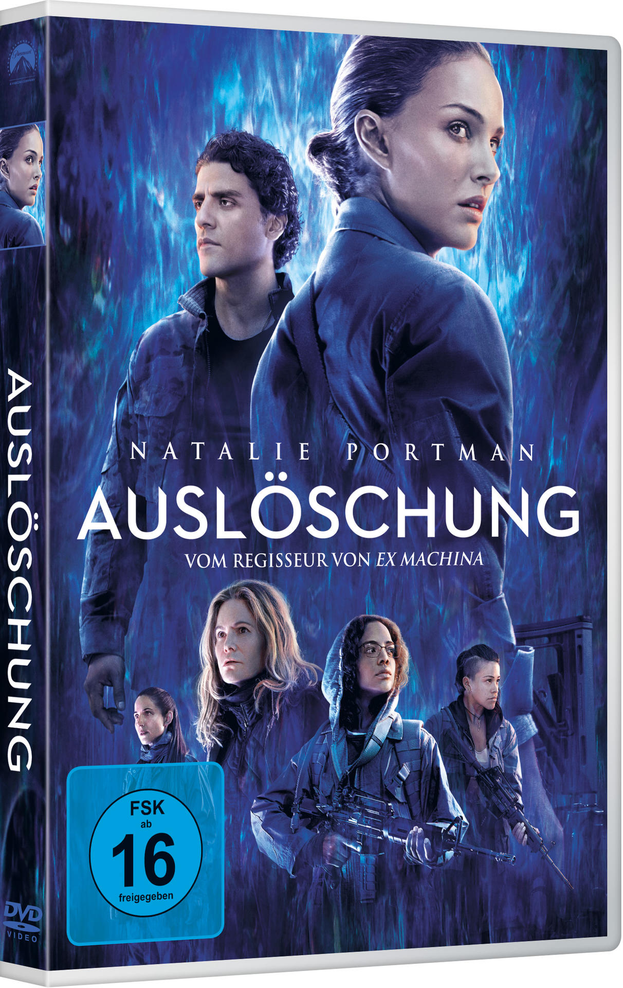 DVD-Hülle für den Film Annihilation, mit Natalie Portman. Blaue und dunkle Farben.