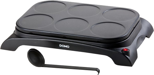 Crêpière noire avec six surfaces de cuisson circulaires. Poignée noire à gauche.