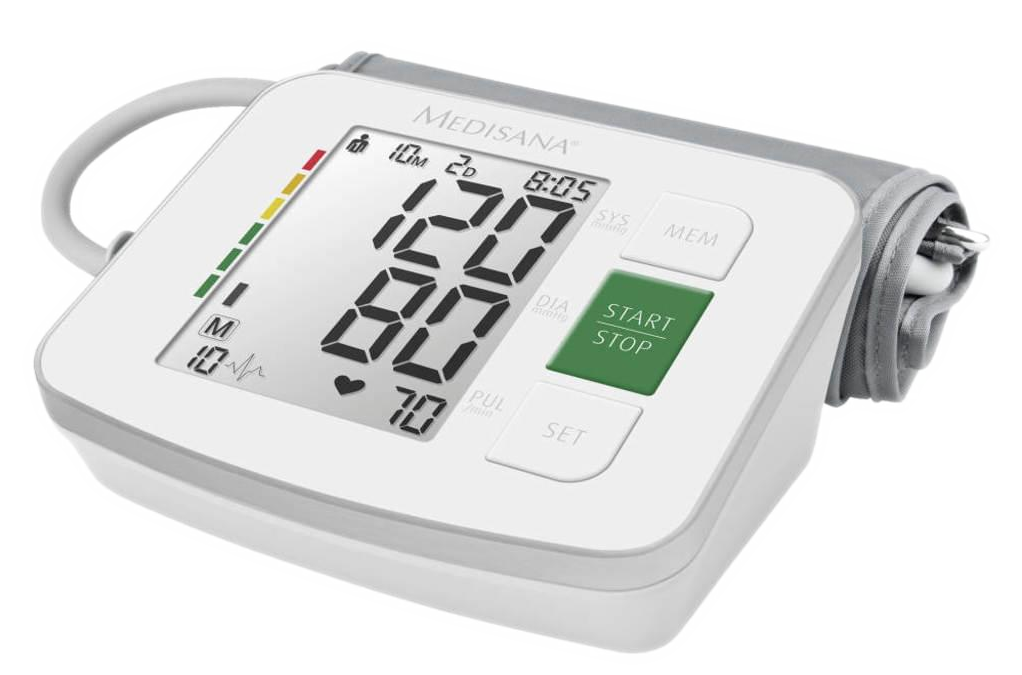 Ein weiß-graues Medisana Blutdruckmessgerät, das Messwerte und Knöpfe anzeigt.