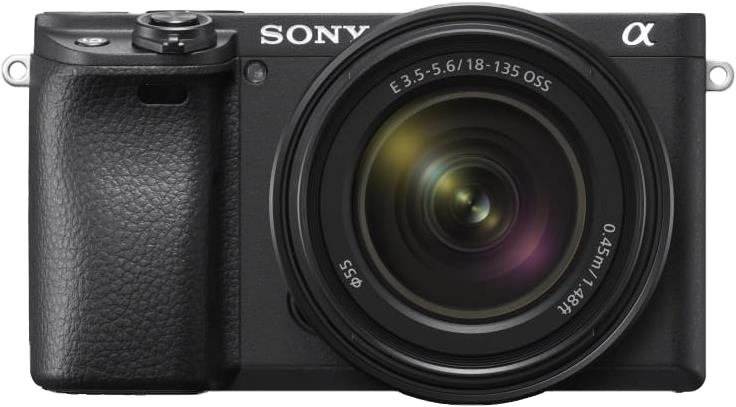 Eine schwarze Sony-Kamera mit Objektiv. Die Kamera hat einen Griff und verschiedene Knöpfe.