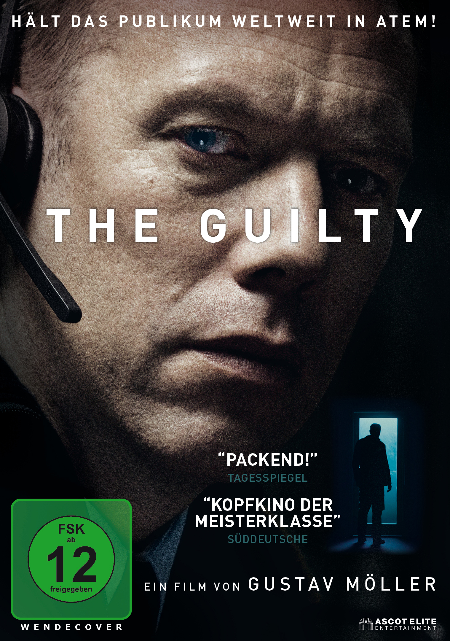 Filmcover für 'The Guilty'. Zeigt ein Nahaufnahmen-Gesicht eines Mannes und eine Silhouette in einer Tür.