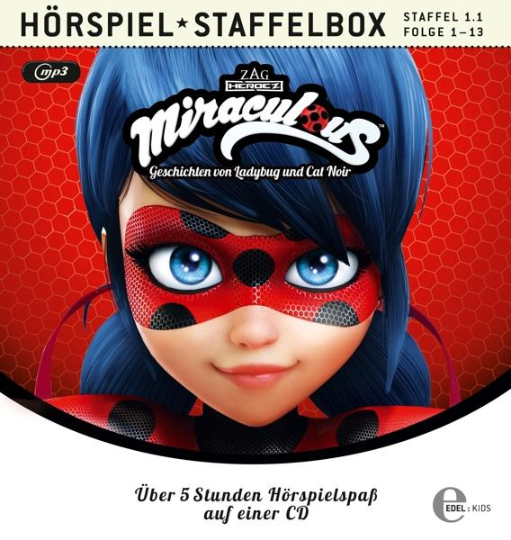 Miraculous Hörspiel CD-Cover. Ladybug's Gesicht mit blauen Haaren und rotem/schwarzem Kostüm.