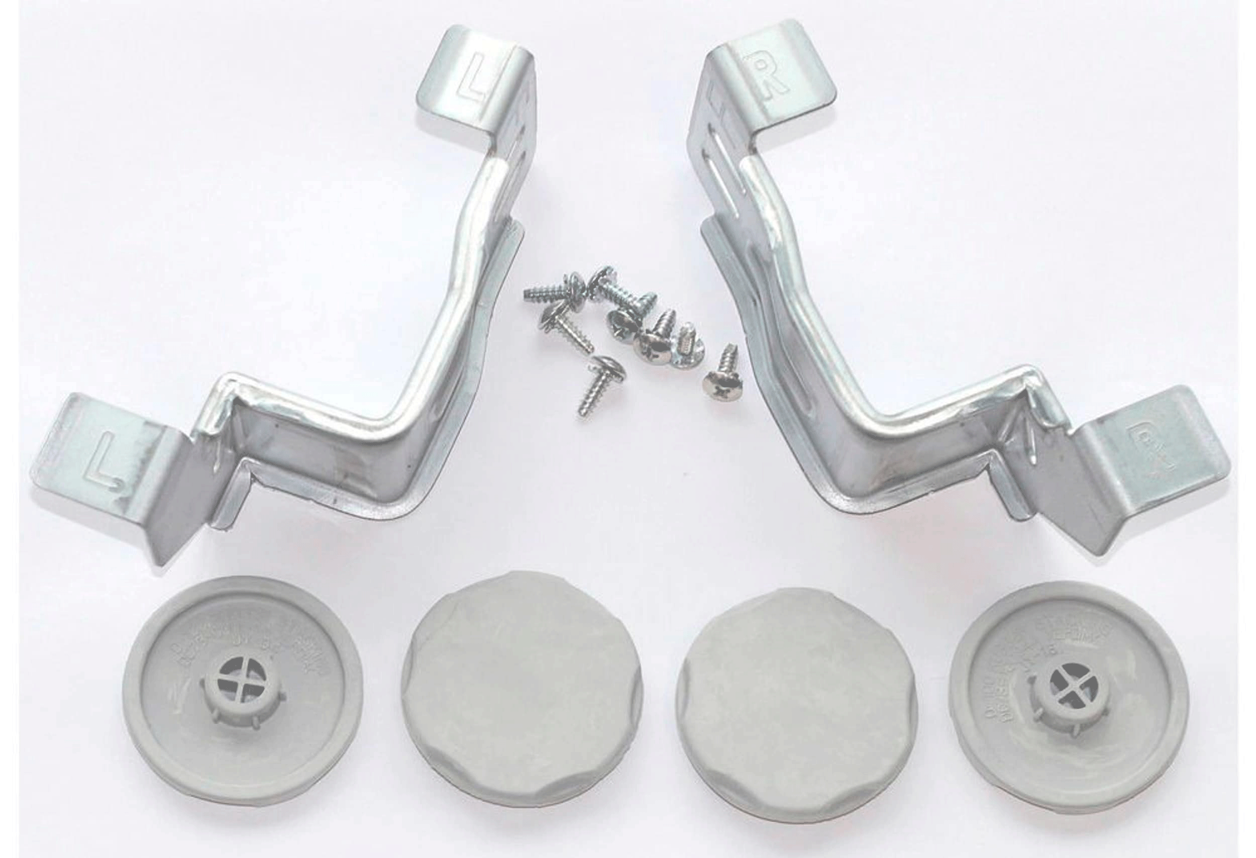 Deux supports métalliques, des vis et quatre disques en plastique gris. Les supports sont étiquetés L et R.