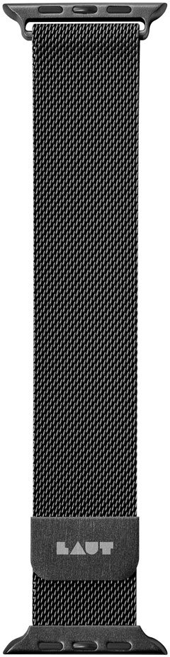 Bracelet Apple Watch en maille métallique noire. Il a une forme rectangulaire et un fermoir avec le logo Laut.
