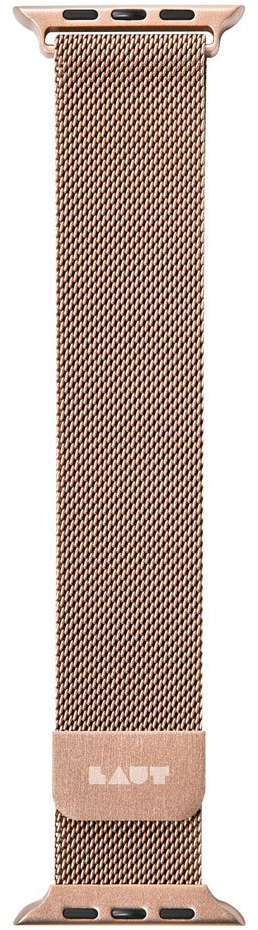 Bracelet de montre or rose, un design en maille. Le bracelet a un fermoir avec le mot 'BAUT'.