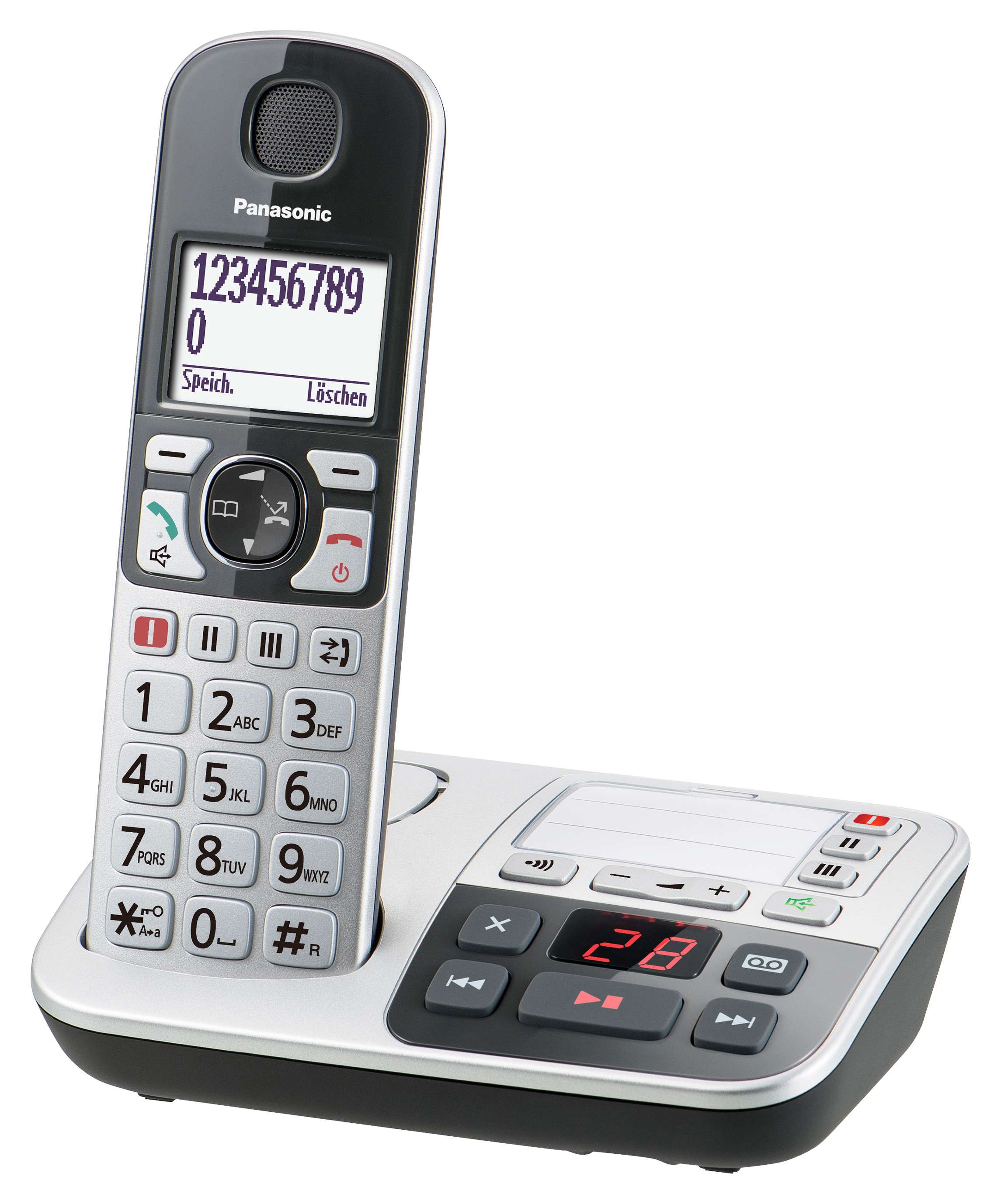 Ein schnurloses Telefon mit Basis. Das Telefon zeigt die Nummer '1234567890'.