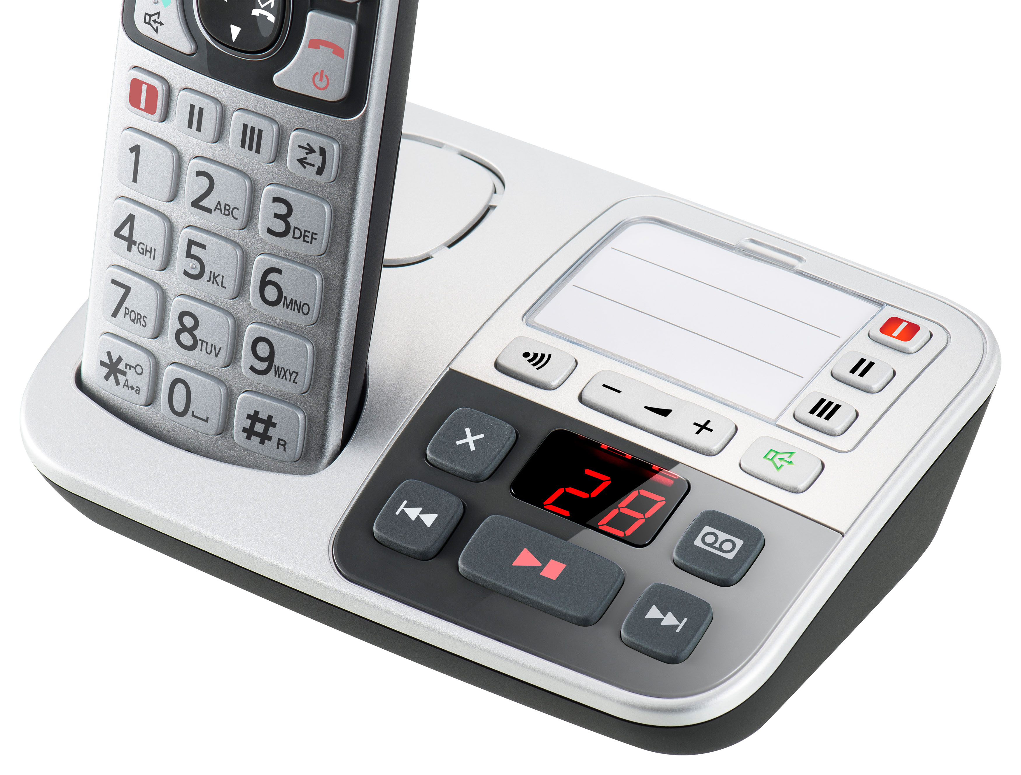 Eine schnurlose Telefonbasis mit Hörer. Tasten mit roten Ziffern sind sichtbar.