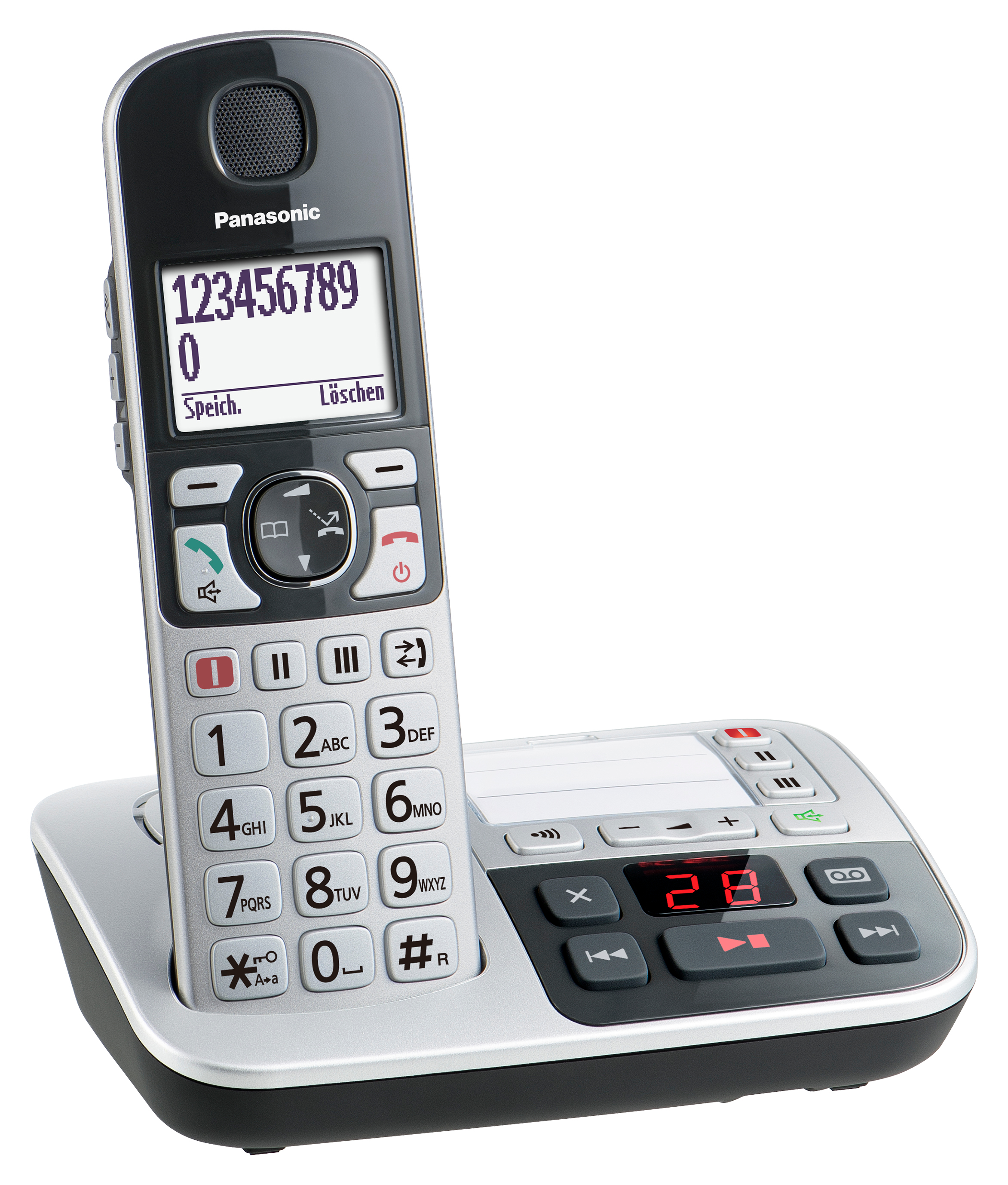 Schnurloses Telefon und Basisstation. Telefon zeigt Nummern an. Basis hat Tasten und Bildschirm. Weißer Hintergrund.