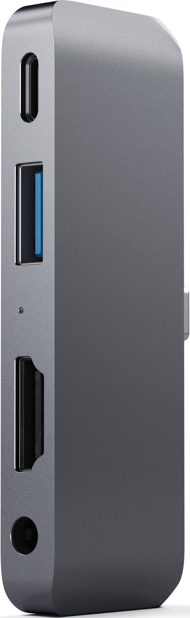 Grauer USB-C-Hub mit Anschlüssen: USB-A, HDMI, Audiobuchse und Kartenslot.