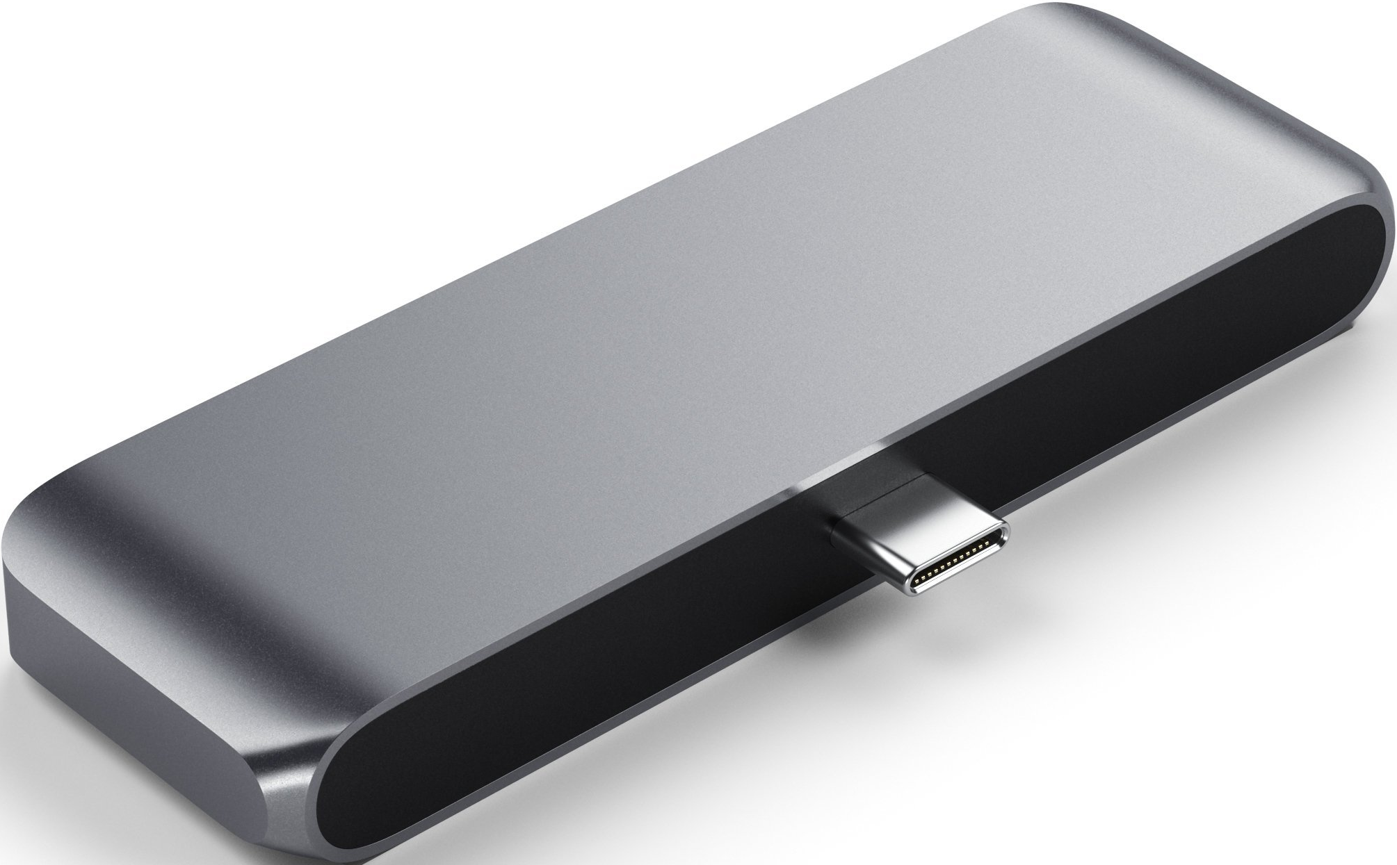 Grauer USB-C-Hub mit abgerundeten Kanten und einem sichtbaren Stecker.