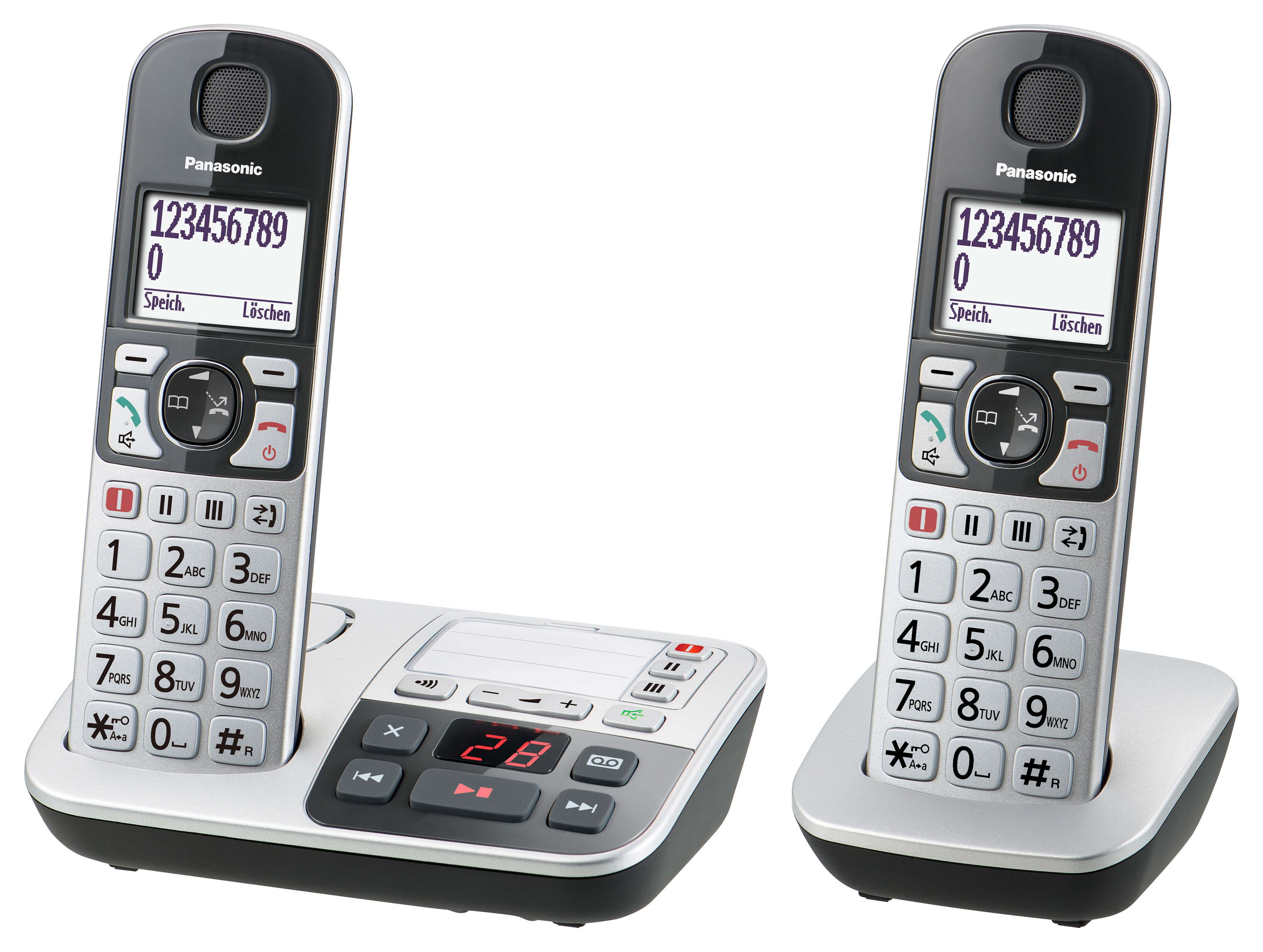Zwei schnurlose Panasonic-Telefone auf Ladestationen. Bildschirme zeigen Nummern.