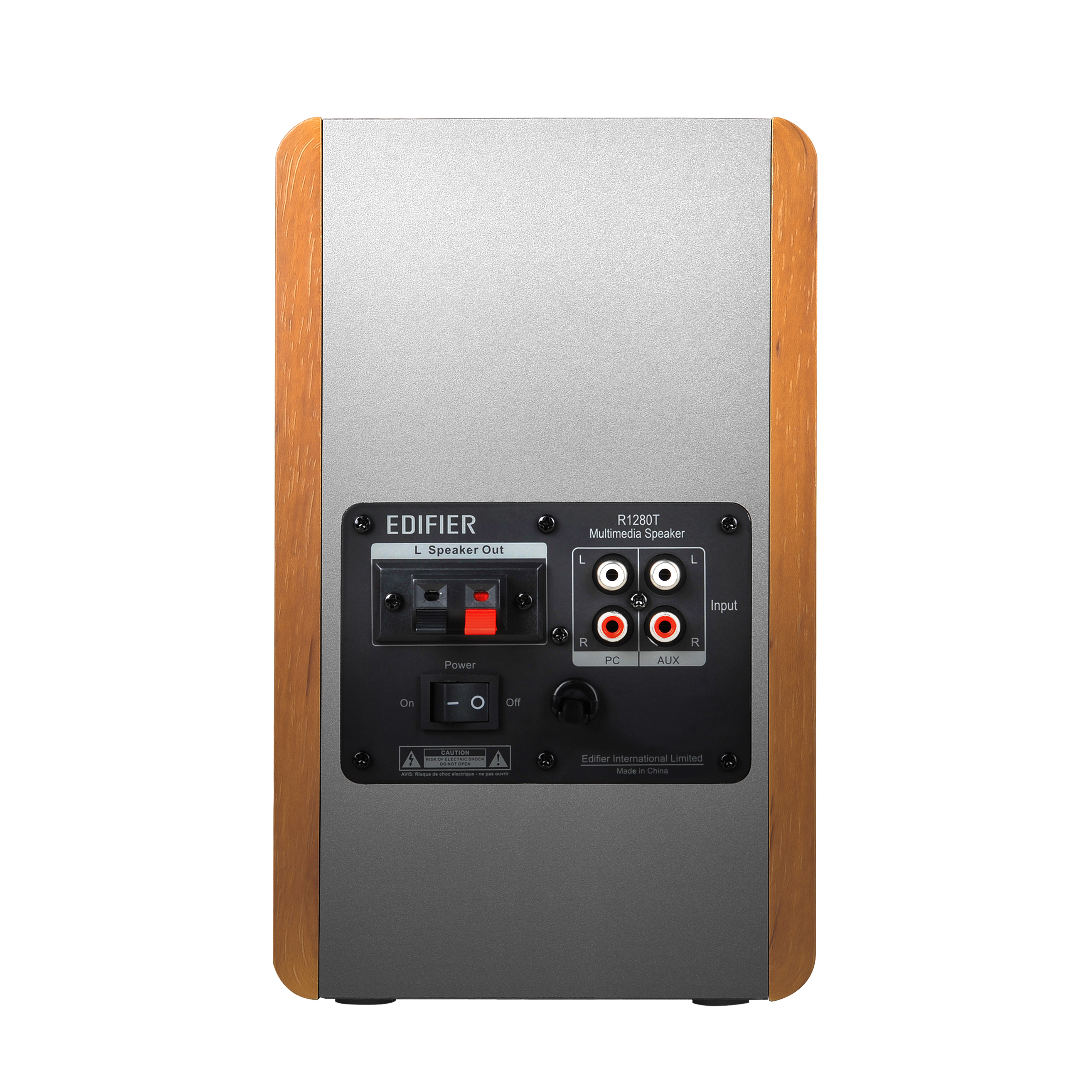 Rückseite eines Edifier R1280T Multimedia-Lautsprechers. Merkmale sind Power, Input und Speaker Out.