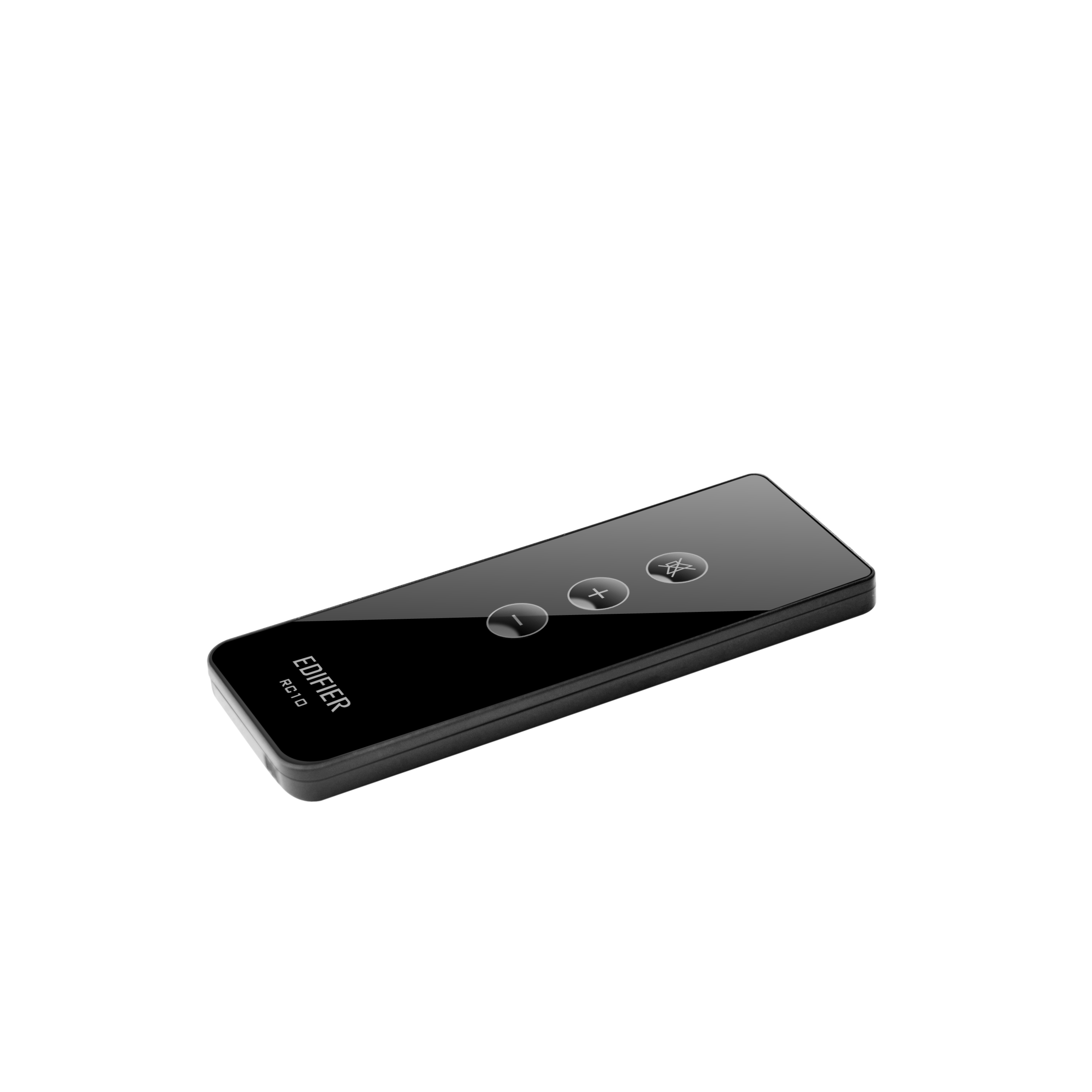 Schwarze Fernbedienung mit Tasten. Es steht EDIFIER RC10.
