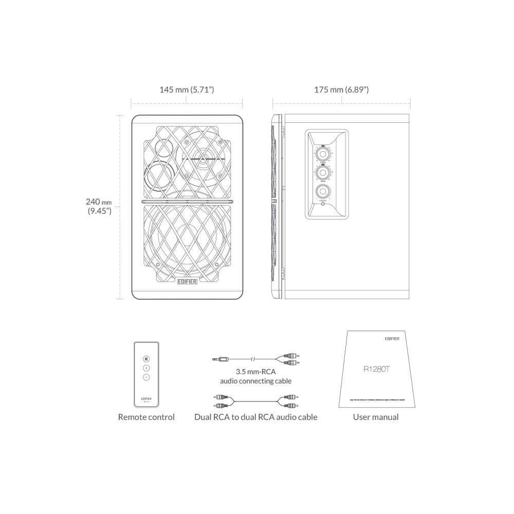 Diagramm von zwei Lautsprechern, Fernbedienung und Kabeln. Abmessungen und Anschlussoptionen.