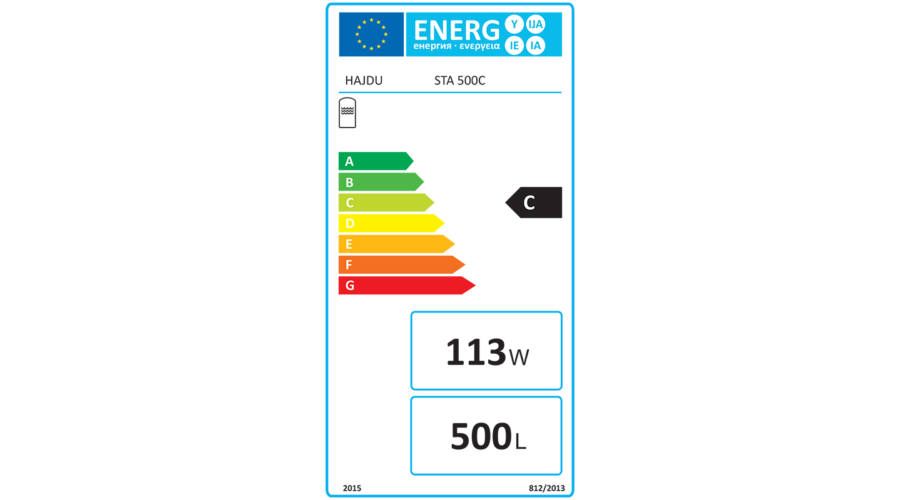 Egy energiahatékonysági címke zöldtől pirosig terjedő skálával és adatokkal a HAIDU STA 500C termékhez.