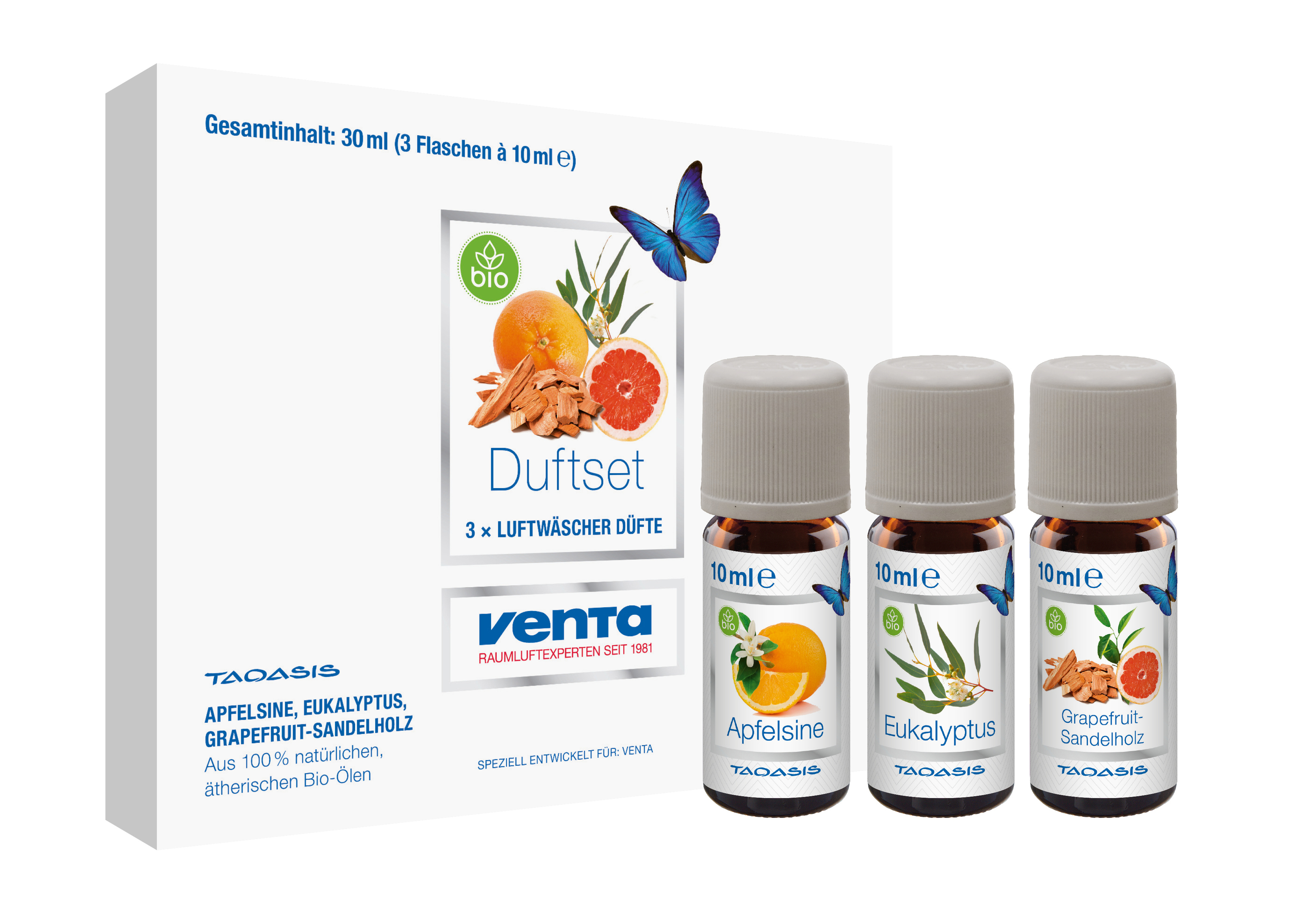 Drei kleine Parfümflaschen in einer Schachtel mit Etiketten für Orange, Eukalyptus und Grapefruit.