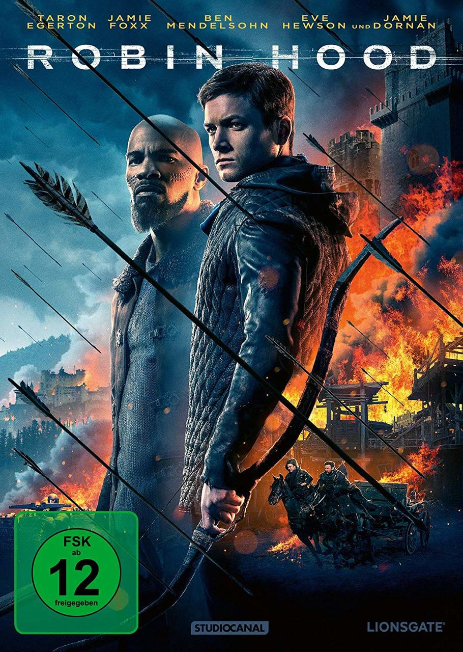 Filmposter: Robin Hood, mit zwei Hauptfiguren, Pfeilen und brennendem Hintergrund.