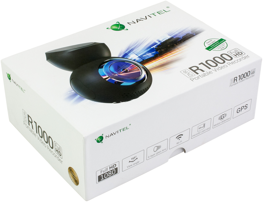 Navitel R1000 HD hordozható videó felvevő doboz. Fehér doboz termékképpel és szöveggel.