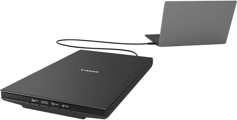 Canon szkenner laptophoz csatlakoztatva USB kábellel, a készülék felületét mutatja.