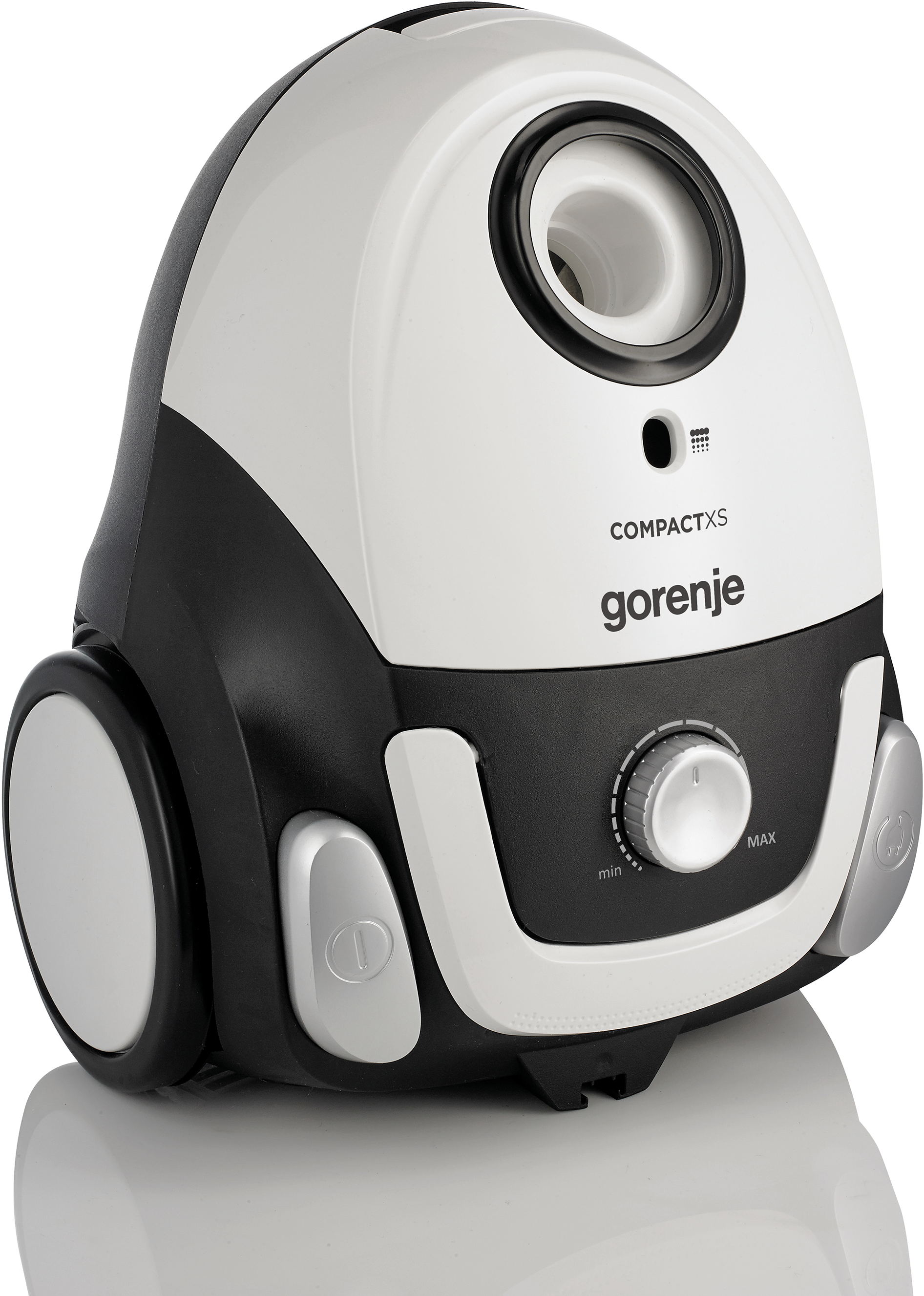 Fehér-fekete porszívó tárcsával és 'gorenje' felirattal.