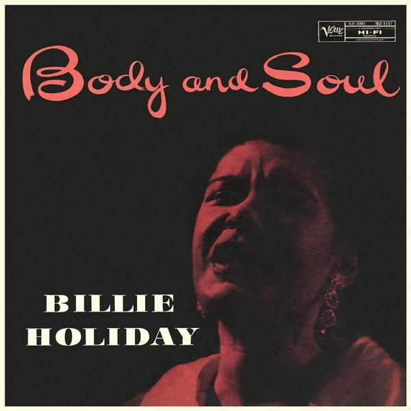 Pochette de l'album "Body and Soul" de Billie Holiday avec son visage et texte rouge.