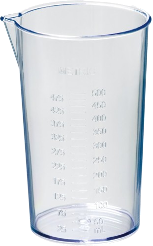 Átlátszó műanyag mérőpohár 500 ml-es jelzésekkel fehér alapon.