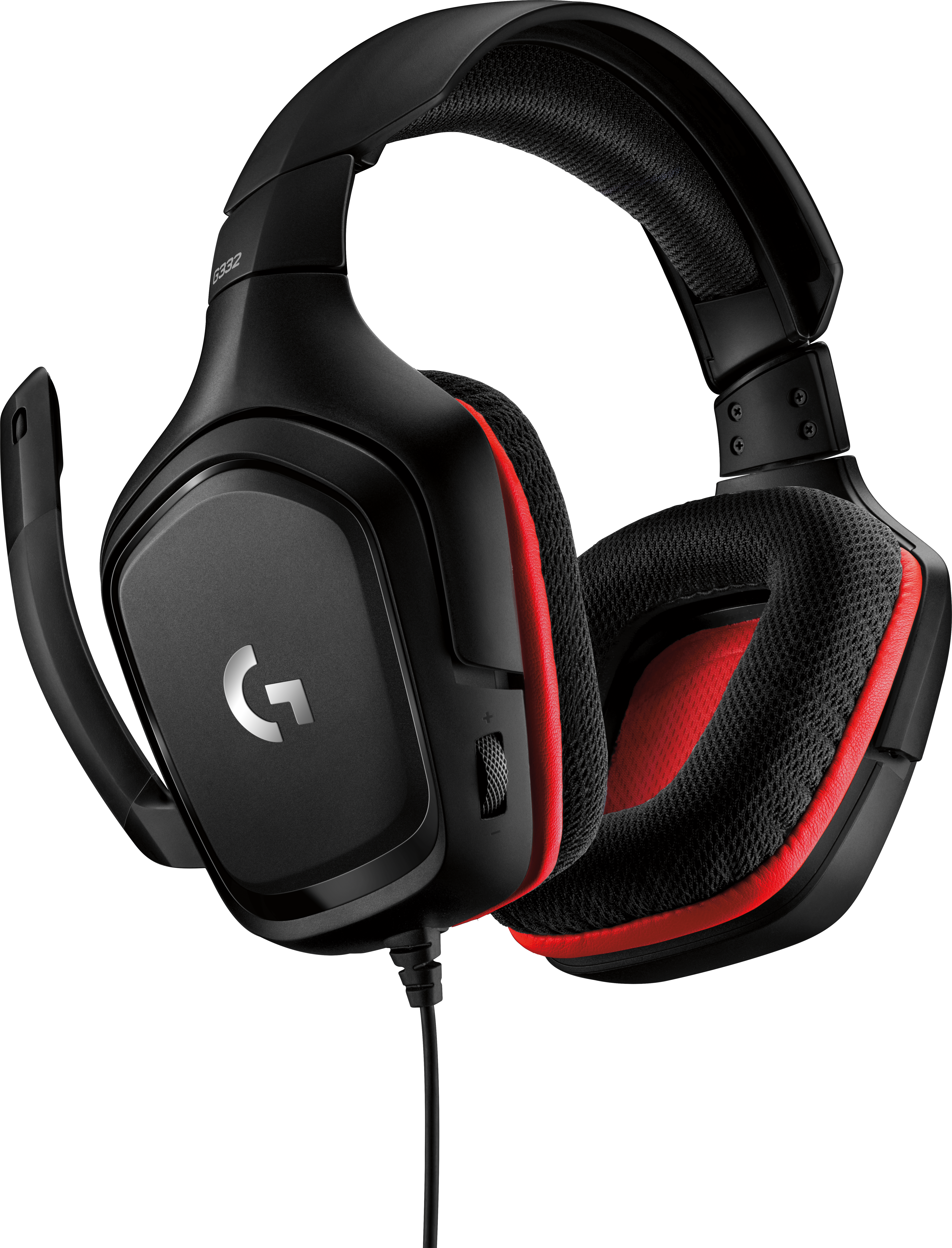 Zwarte en rode gaming headset met microfoon, zijvolume en zilveren 'G' logo.